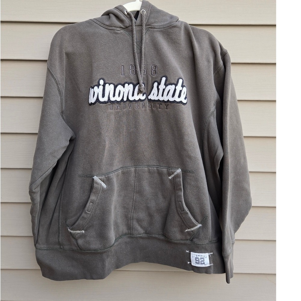 J. America Vintage Winona State University Hoodie Olive Green Waffle Lined Large